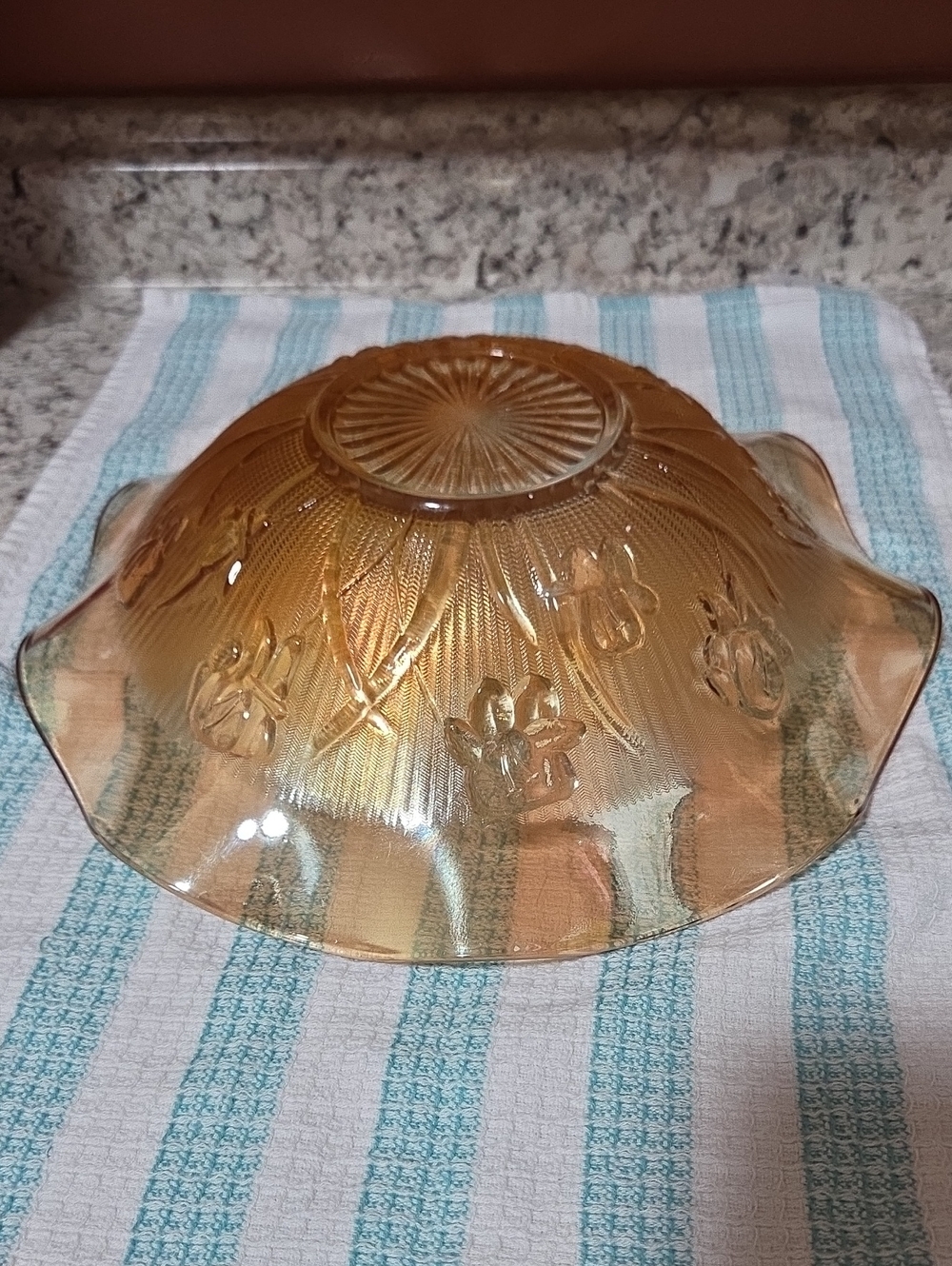 Carnival Glass Bowl By Jennette .Amber Carnival Glass Floral Serving Bowl